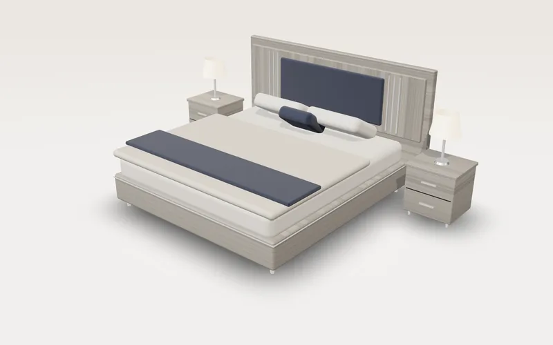 3D design of a king bed with grey oak panel headboard, navy fabric and silver trim, designed by Lahore Carpenter