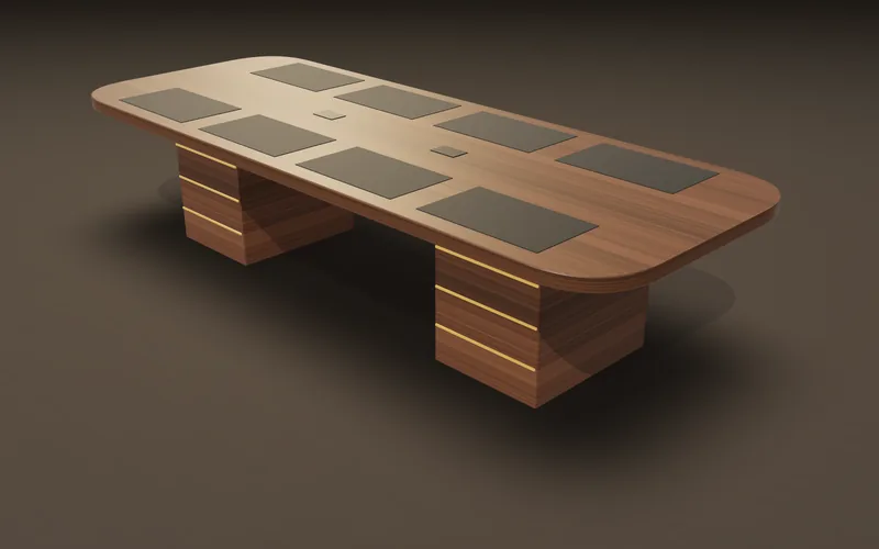 3D design of a walnut conference table with leather seat pads and gold-trimmed pedestals