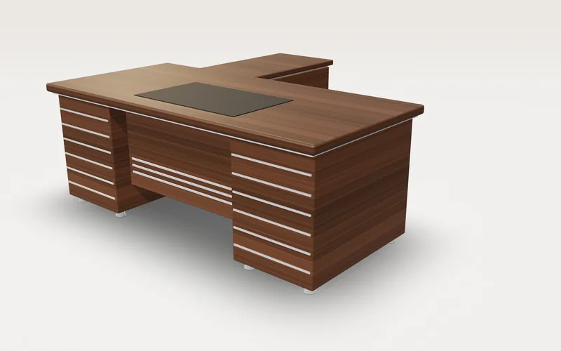 3D design of an L-shaped walnut executive table with silver lines, designed by Lahore Carpenter