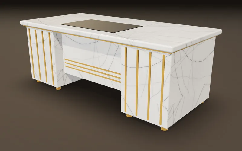 3D design of a white marble finish executive table with gold strips