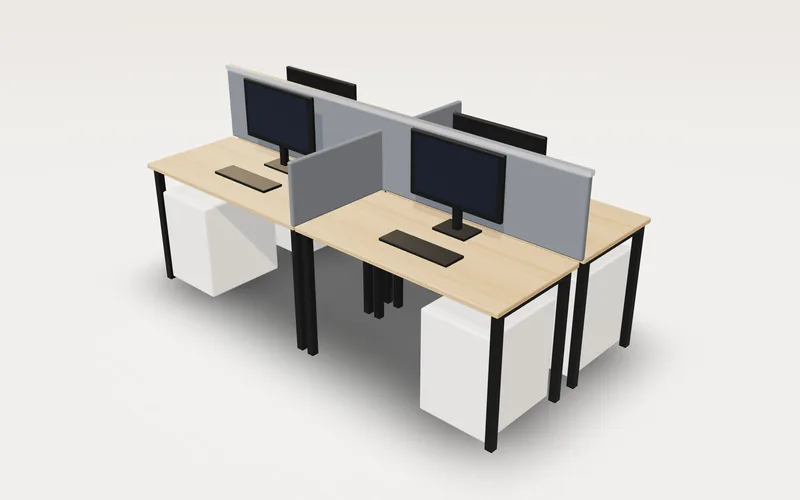 3D design of a four-seater office workstation cluster with partitions and drawers