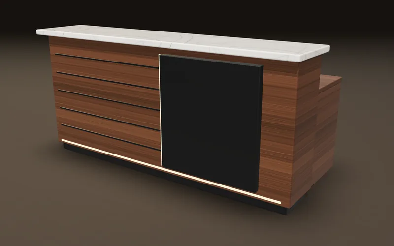3D design of a walnut reception counter with marble-finish top, black logo panel and warm LED