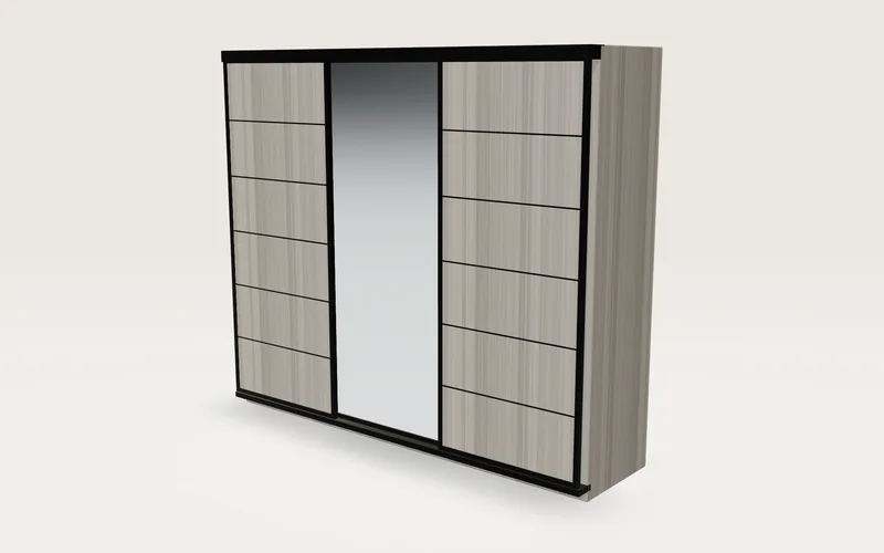 3D design of a 3-door grey oak sliding wardrobe with black frame and middle mirror, designed by Lahore Carpenter