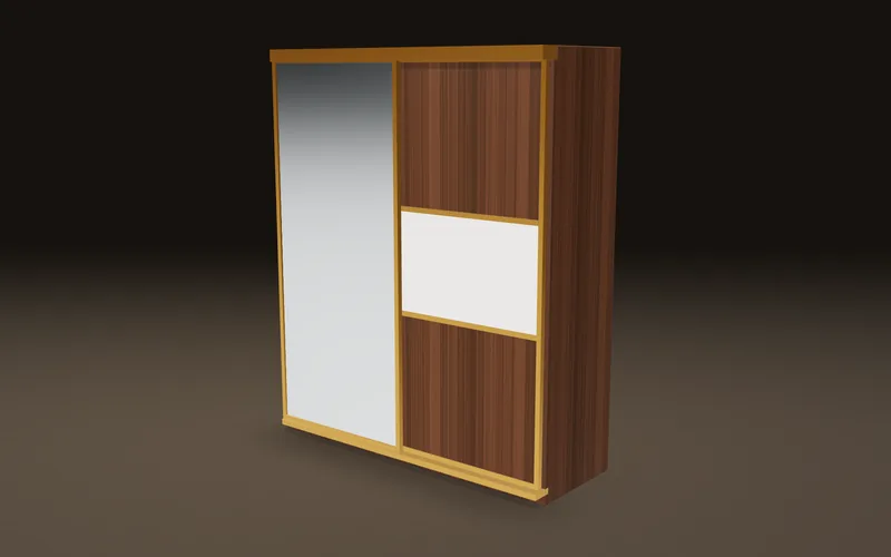 3D design of a 2-door sliding wardrobe in walnut and white with gold frame and mirror door