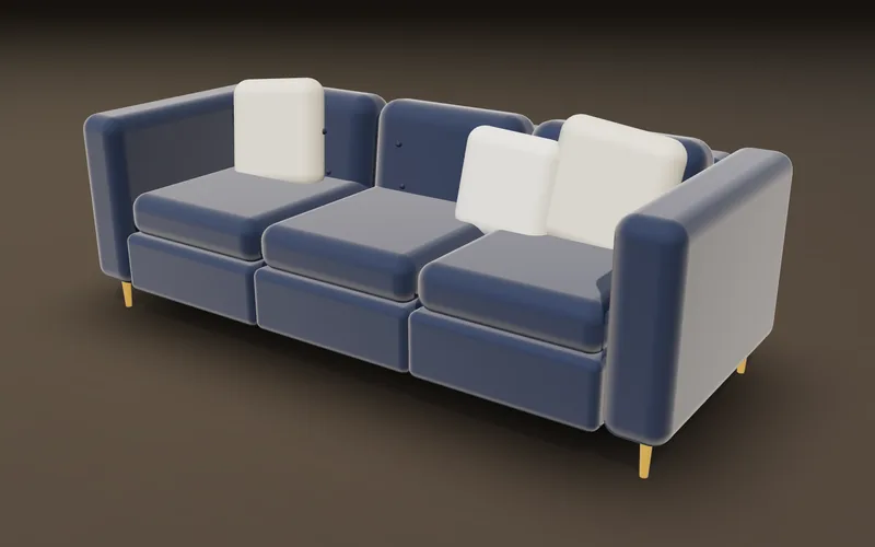 3D design of a navy velvet 3-seater sofa with button-tufted back and gold legs, designed by Lahore Carpenter