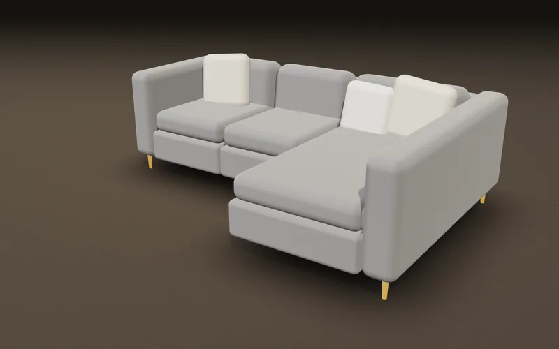 3D design of a grey L-shaped sofa with gold legs, designed by Lahore Carpenter