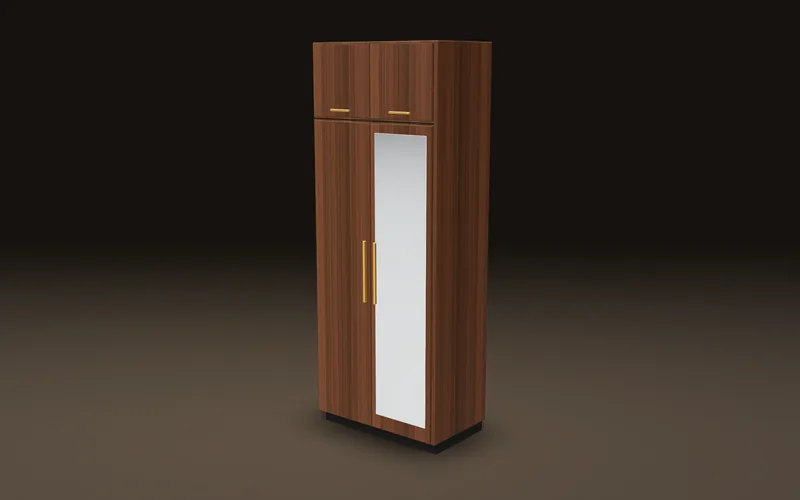 3D design of a 2-door walnut almari with gold handles, mirror door and top loft, designed by Lahore Carpenter