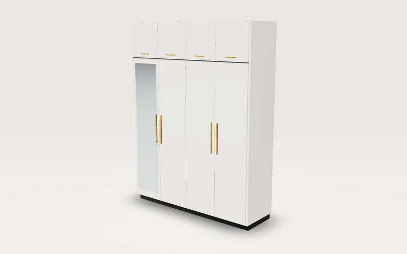3D design of a 4-door white gloss almari with gold handles, mirror door and loft, designed by Lahore Carpenter