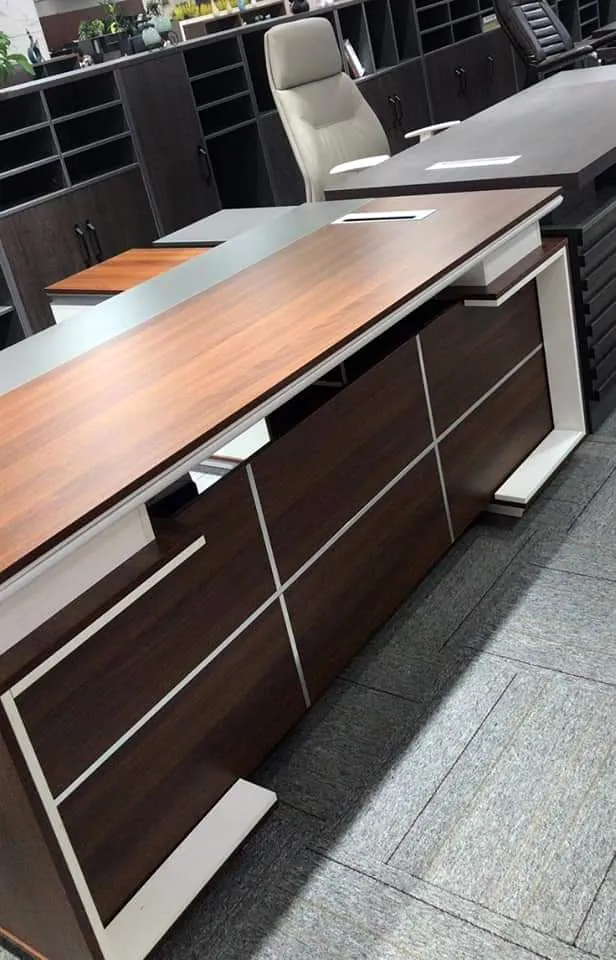 Walnut executive desk with white frame and drawer pedestal