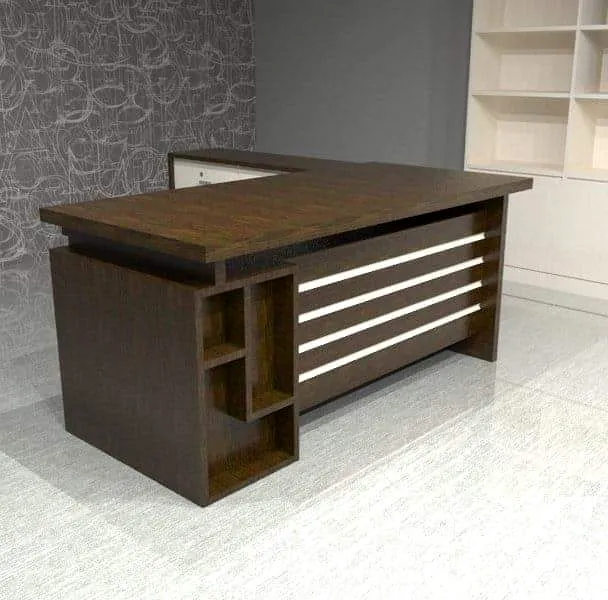 3D design of a walnut executive table with white stripe panels, designed by Lahore Carpenter