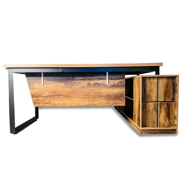 L-shaped office table in rustic wood with black metal frame, made by Lahore Carpenter in Lahore